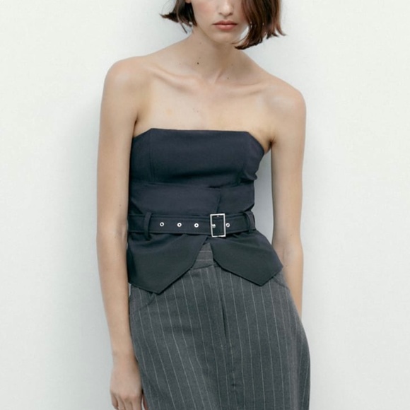 Zara NWOT dark gray strapless corset belted tube top - Picture 2 of 10